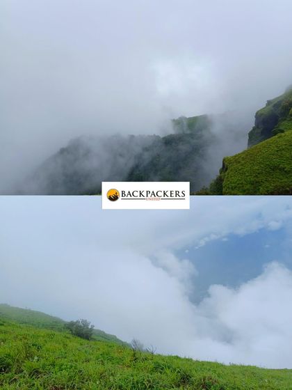 The view from the Bandaje trail, with the falls and the valley covered in a thick blanket of monsoon clouds.