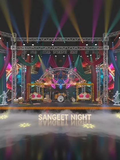 A colorful and traditional Sangeet night concept in 3D. This design incorporates vibrant drapes, swings for seating, and traditional motifs, blending modern stagecraft with cultural elements.