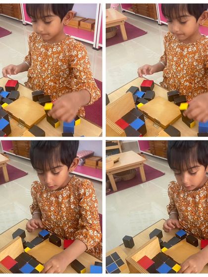 This collage shows a child deeply engaged with the Binomial Cube. Sensorial activities like this help children refine their senses, sharpen observation, and build a strong foundation for both math and language skills.