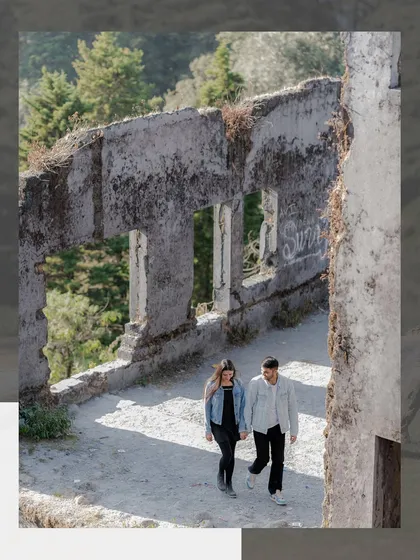 Exploring ancient ruins on a mountain pre-wedding shoot. I love using unique architectural elements to frame my couples. It adds a sense of history and grandeur to their love story, making it feel like a journey through time.