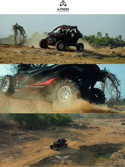 We create dynamic, high-energy promotional videos for specialty vehicles. This shot captures the power and agility of the Ashva 4x4 UTV from A-THON, showcasing its all-terrain capabilities through a mix of aerial tracking and close-up action shots.
