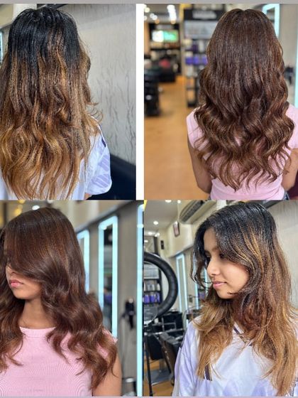 A before and after collage of a Hazelnut Brown color correction. We transformed her old, brassy color into this rich, elegant shade.