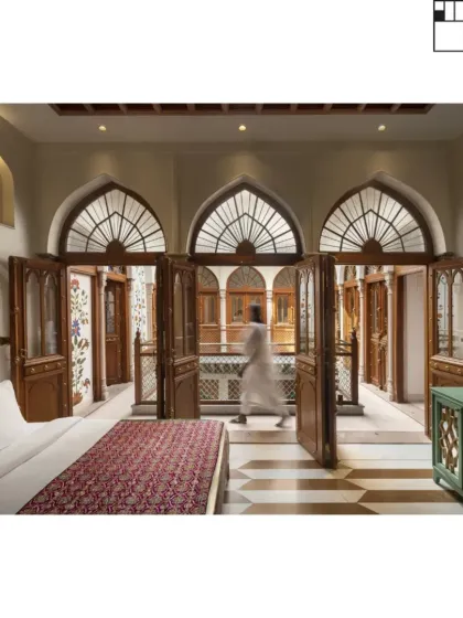 In this suite at the Golden Haveli, every detail is designed to connect the present with the past. The arched doorways open to the central courtyard, creating a seamless flow of space and light, a hallmark of traditional haveli architecture.