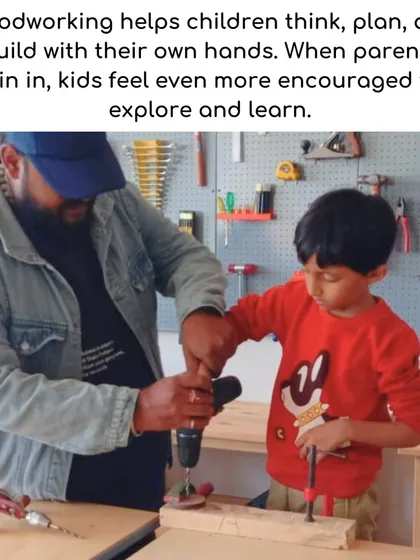 A father guides his son in a woodworking project, demonstrating the focus and confidence that hands-on learning builds. My Maker Space workshops are designed to empower children to think, plan, and create with their own hands, with parents joining in to encourage and learn alongside them.