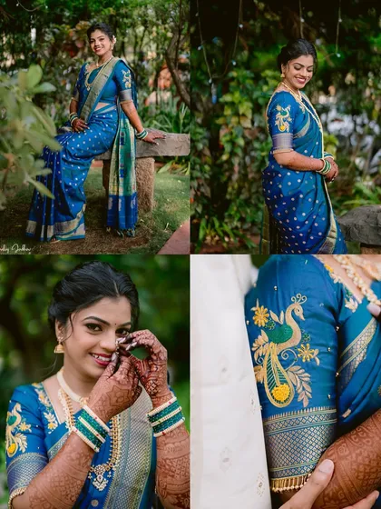 A collage highlighting the beautiful details of the bride's attire, including the peacock embroidery on her blouse and her joyful expressions.