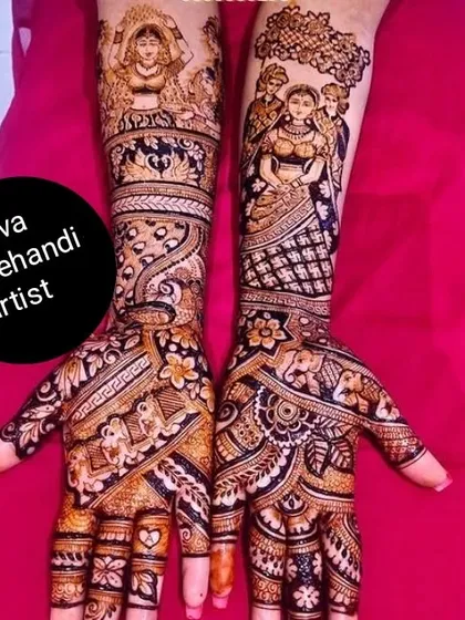 This intricate mehendi depicts various figures and scenes from a traditional ceremony. The detailed characters and elephants create a rich, narrative tapestry across both hands.