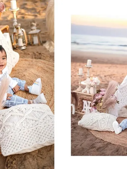 A collage from a beautiful boho-themed beach photoshoot. This setup, complete with a lace teepee and macrame pillows, creates a stylish and relaxed setting for milestone portraits.