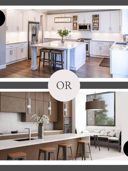 What's your style? This image compares two different island kitchen designs: a classic all-white kitchen versus a modern kitchen with dark wood tones and integrated bench seating.