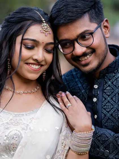 A romantic couple shot. The bride's makeup is soft and pretty, complementing the romantic mood of the photo.