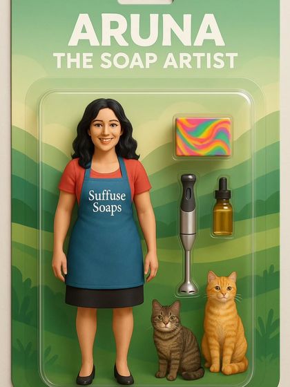 A fun, AI-generated "Aruna the Soap Artist" action figure, complete with my soaping essentials and cats!