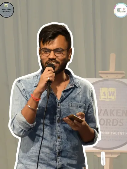A comedian mid-joke, bringing smiles to the audience's faces.
