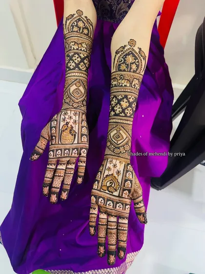 A full view of a bride's arms with symmetrical storytelling mehendi. The design includes various traditional motifs like elephants, peacocks, and kalash, creating a rich and balanced look.