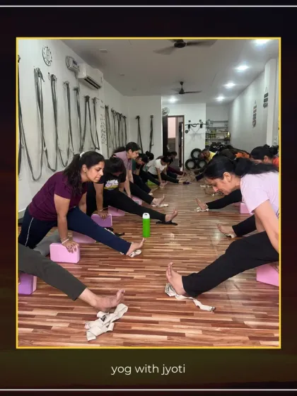 Students using blocks and straps for support in various leg stretching poses, ensuring proper form and preventing injury.
