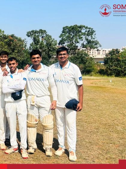 The K. J. Somaiya Institute of Technology cricket team celebrates their 8-wicket victory in the Mumbai University Inter-Collegiate Cricket Tournament.