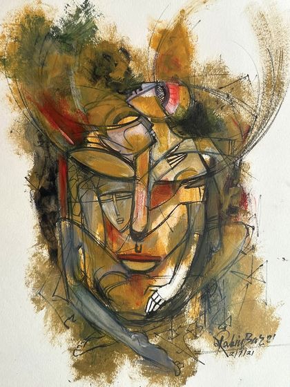 An abstract and complex acrylic on paper, this untitled piece is filled with intricate lines and warm, earthy colors.