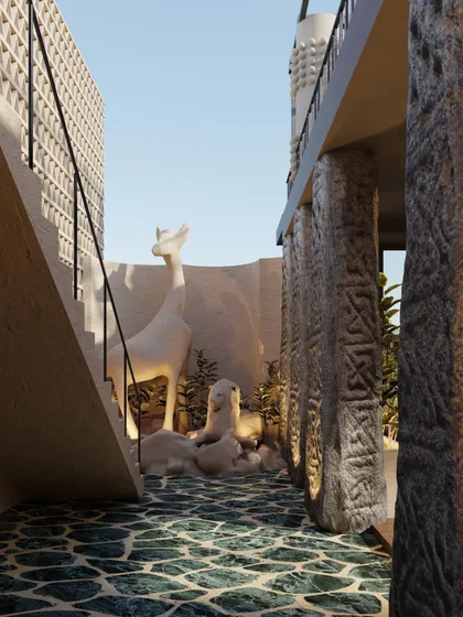 This view showcases the fluid transitions between materials at Skyro. The raw, carved columns and green stone floor create a powerful connection to nature, while the clean lines of the staircase add a modern touch.