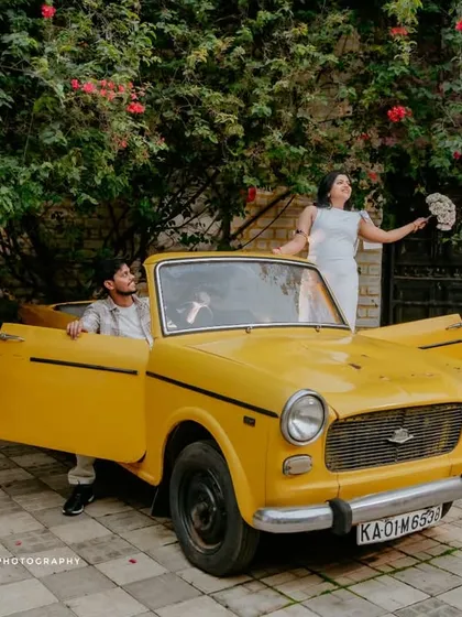 Fun and quirky moments with a vintage yellow car. This shoot shows how props can bring out a couple's playful side, making for unique and charming photos.