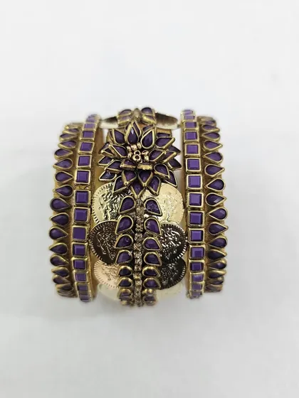 Detailed shots of the purple silk thread bangle set, highlighting the intricate kundan and coin work from every perspective.