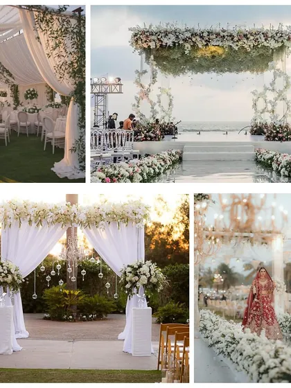 I believe in versatility, creating everything from lush garden ceremonies to elegant seaside setups. This collage showcases my ability to design with a classic white color palette, proving that timeless elegance never goes out of style.