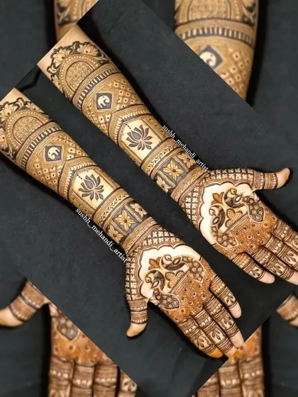 Another creative shot of a full bridal design, showing the beautiful symmetry and the mix of different traditional patterns.