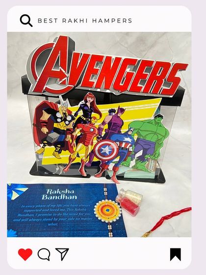 Assemble the best Rakhi gift with our 'Kiddies Hamper' featuring the Avengers. This is a super fun choice for a younger brother who is a fan of Marvel superheroes.