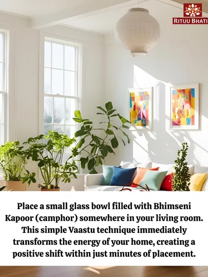 A simple and powerful Vaastu technique to instantly transform your home's energy is to place a small glass bowl filled with Bhimseni Kapoor (camphor) in your living room. The purifying properties of camphor cleanse negative energy, bringing freshness and clarity to your space within minutes.