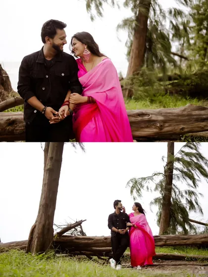 Sharing a quiet, intimate moment on a log by the beach. This collage captures the peaceful and romantic side of their pre-wedding shoot.