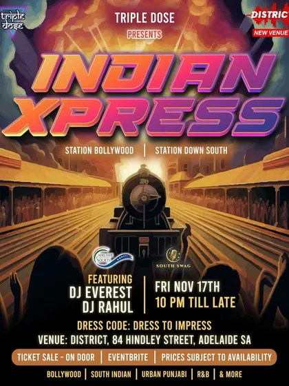 This poster for my 'Indian Xpress' night shows the musical journey I take you on. We make stops at 'Station Bollywood' and 'Station Down South', covering everything from the latest Hindi hits to fiery South Indian tracks and urban Punjabi beats.