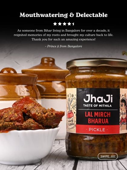 A collection of glowing reviews for our Lal Mirch Bharua Achar, with customers calling it their favourite and a must-try for its authentic, dadi-nani style taste.