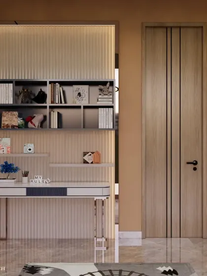A detailed look at the built-in desk and shelving unit. This functional workspace is designed to grow with the child, providing a perfect spot for homework and hobbies for years to come.