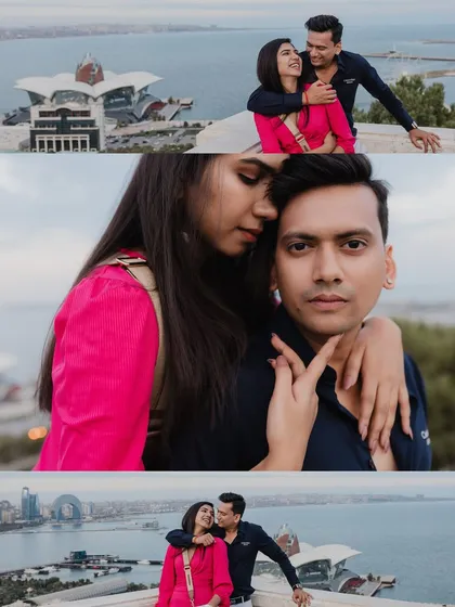 A collage of pre-wedding moments overlooking the Baku cityscape and the Caspian Sea. It shows the couple's connection in different moods, from playful and happy to intimate and romantic.