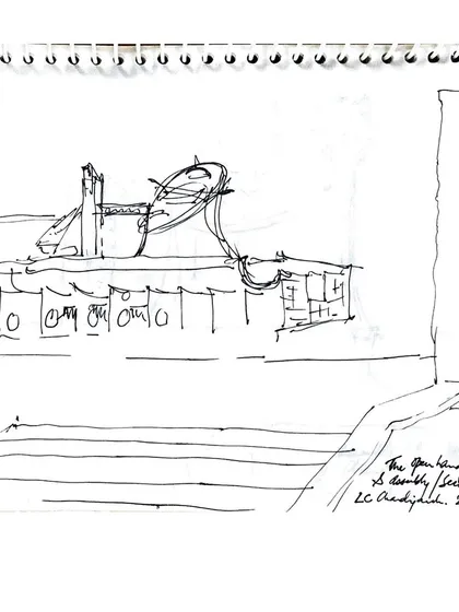 My process always begins with enquiry, often through hand-drawn architectural sketches like this one. This drawing, from a visit to Le Corbusier's Chandigarh, is a study of form and space, a dialogue with a master that informs my own thinking.