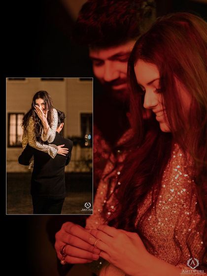 A collage that captures a story of surprise and joy. The inset photo shows the groom lifting his bride, while the main image is a close-up of her happy reaction, focusing on the emotion of the moment.