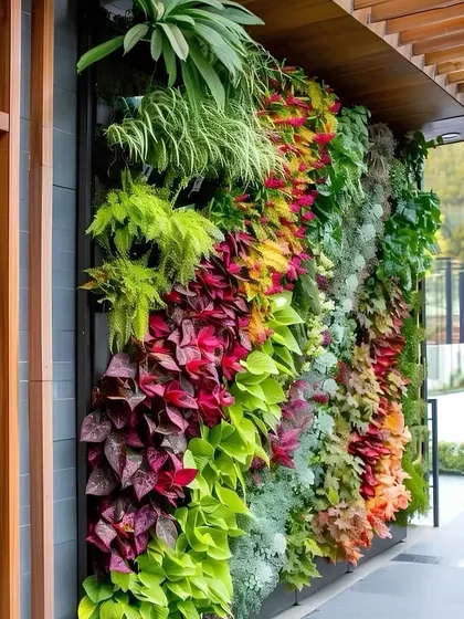 An outdoor vertical garden with a vibrant, colorful palette. We used a mix of green, red, and yellow artificial plants to create a feature that looks like a living painting on the wall.
