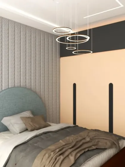A chic kids' bedroom concept with a curved headboard, textured wallpaper, and modern ring pendant lights.