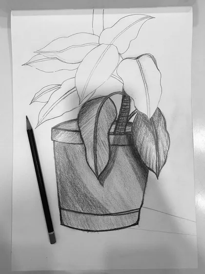 A work-in-progress shot of the potted plant, showing how we build up the shading layer by layer.