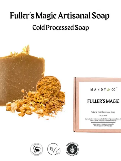 A product shot of my Fuller's Magic (Multani Mitti) soap, detailing its ingredients and benefits for fighting acne and cooling the skin.