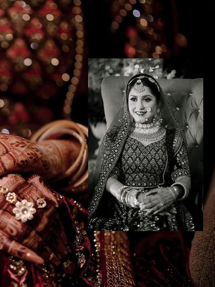 Another detail-focused collage, this time pairing a black and white bridal portrait with a close-up of her hands, showcasing her beautiful floral ring and mehendi.
