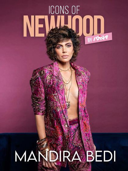 The digital cover for iDiva's 'Icons of Newhood' series, featuring Mandira Bedi. The styling and direct gaze project power and confidence.