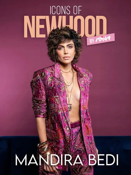 The digital cover for iDiva's 'Icons of Newhood' series, featuring Mandira Bedi. The styling and direct gaze project power and confidence.