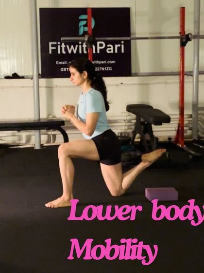 A title card for a lower body mobility routine. This lunge variation with the back foot on a yoga block helps to deepen the hip flexor stretch.