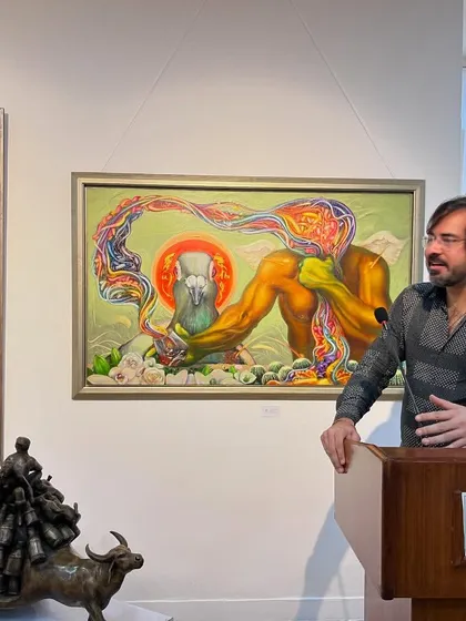 Speaking at the opening of my show at the Habitat World's Visual Arts Gallery. I enjoy sharing the stories and philosophies behind the paintings.