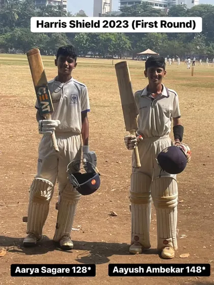 Two of my centurions, Aarya Sagare and Aayush Ambekar, after their massive scores of 128 and 148 respectively in the first round of the prestigious Harris Shield.
