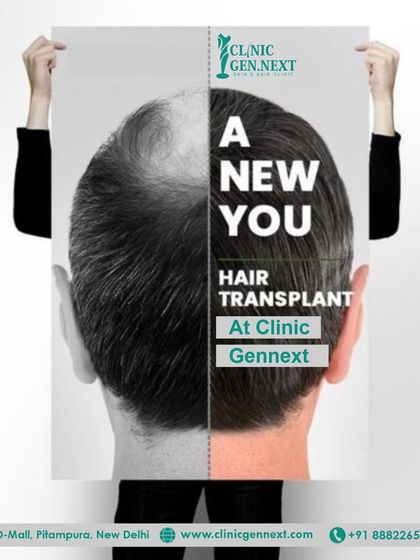 This graphic illustrates the new you that is possible with a hair transplant, showing a side-by-side comparison of a bald scalp and a full head of hair.