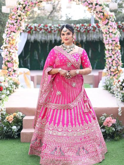 A full-length view of my bridal lehenga and the complete makeup look. This is the exact look I teach in my self-bridal makeup course.