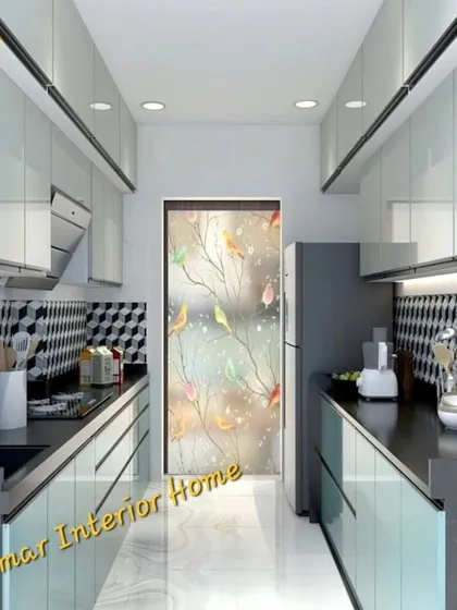 This parallel kitchen uses the same geometric backsplash but adds a decorative element with a frosted glass door, adding a touch of artistry to the functional space.