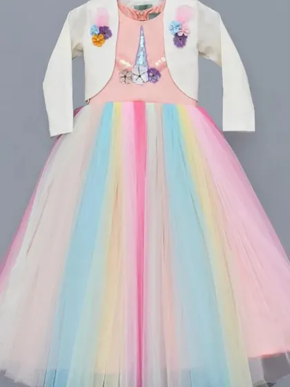 I also create themed party dresses, like this popular unicorn gown. It features a rainbow tulle skirt, a unicorn design on the bodice, and comes with a matching white jacket.