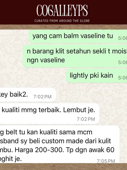 A customer comparing the quality of a belt to a custom-made one, but at a much better price. This is what my personal shopping service is all about.