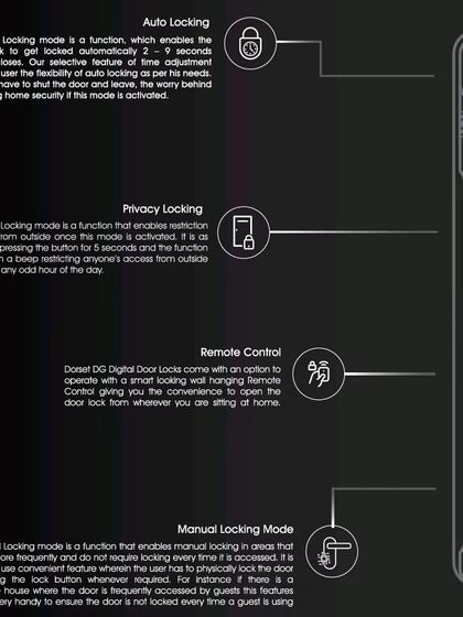 We customize the lock's behavior to fit your lifestyle. Features include an Auto-Locking function that secures the door after a set time, a Privacy Locking mode to restrict outside access, and a Manual Locking mode for high-traffic situations like parties.