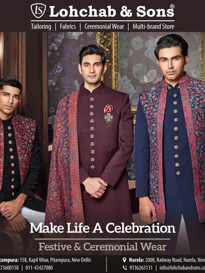 Make life a celebration with our festive and ceremonial wear. This look features three men in coordinated outfits, showcasing how different styles of Nehru jackets and embroidered shawls can create a unified and elegant theme for any family event.